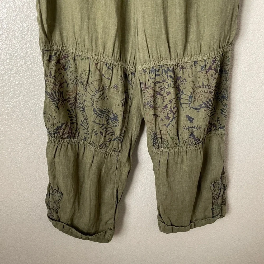 Free People Pants Womens Size 2 Green 100% Linen Boho Paisley Floral Cropped - Picture 5 of 10